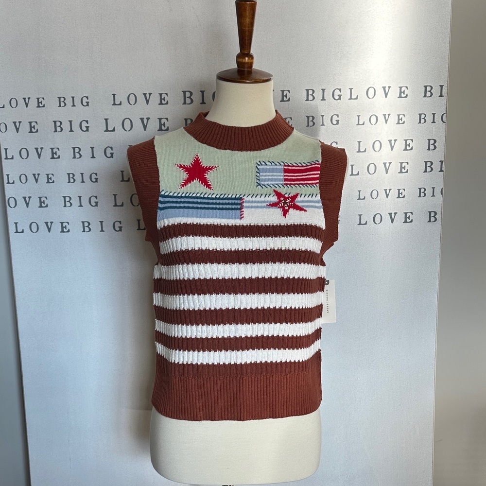 Maeve Brown, White & Light Green Striped Sleeveless Sweater Vest with Stars